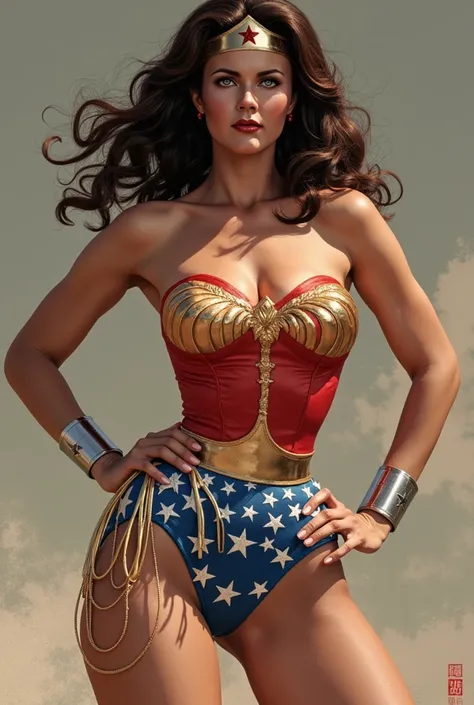  full body beautiful sensual sexy wonder woman muscular body browne wavy long hair brown eyes, white skin, red lips, round face full lips high arched eyebrows thin waist long shapely legs full breasts wide shoulders bondage 