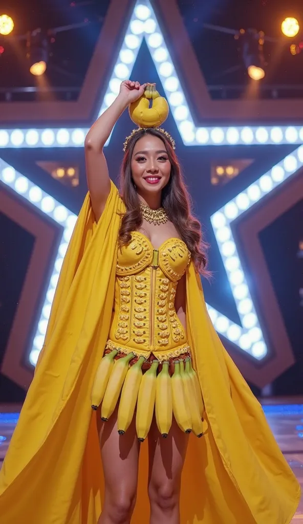 A young woman stands confidently on a brightly lit stage with a star-shaped LED backdrop, creating a vibrant and energetic atmosphere. She is wearing an extravagant and playful outfit entirely themed around bananas—her dress is adorned with rows of bananas...