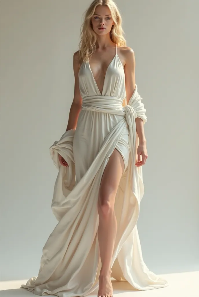 Young Blonde white model, thick legs, small waist, toned abs,  long legs, tall, wearing an ancient Greek white dress 