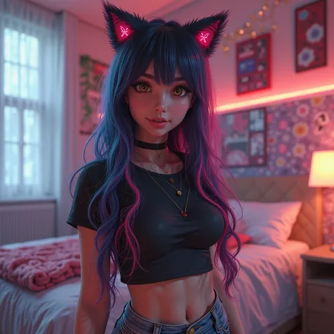 Hyper-maximalism, photorealism and ultra-detailed dynamics in the illusion of a wide-angle close-up of a Vtuber model with cat ears, long hair with color highlights. She poses confidently in a geeky bedroom, wearing a tight-fitting mini t-shirt that shows ...