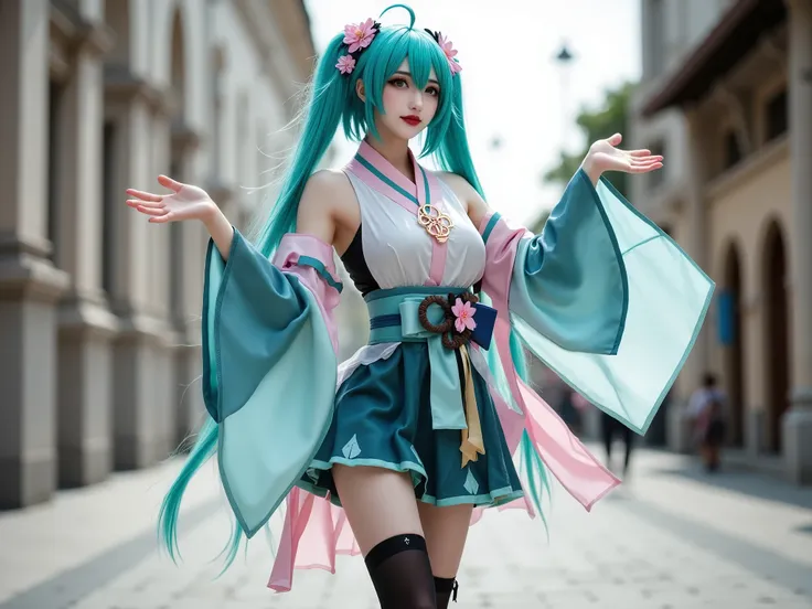 A photo of a beautiful tall and slim woman in hatsune-miku cosplay costume. She is wearing japanese clothes. The clothes contains short sleeveless kimono with detached wide sleeves and obi and skirt. She is also wearing black thighhighs with thigh strap an...
