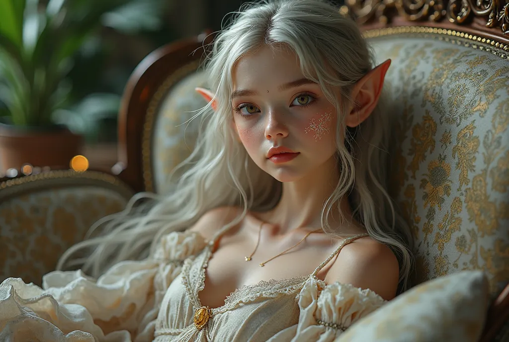 Elf girl with makeup on her face sits on the couch 