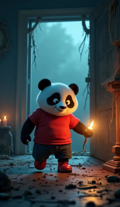 "A cute, chubby panda wearing a red T-shirt, black shorts, and red shoes walks hesitantly into a dark, haunted mansion. The atmosphere is eerie with cobwebs, broken furniture, and flickering candles. The door behind him creaks and slams shut on its own. It...