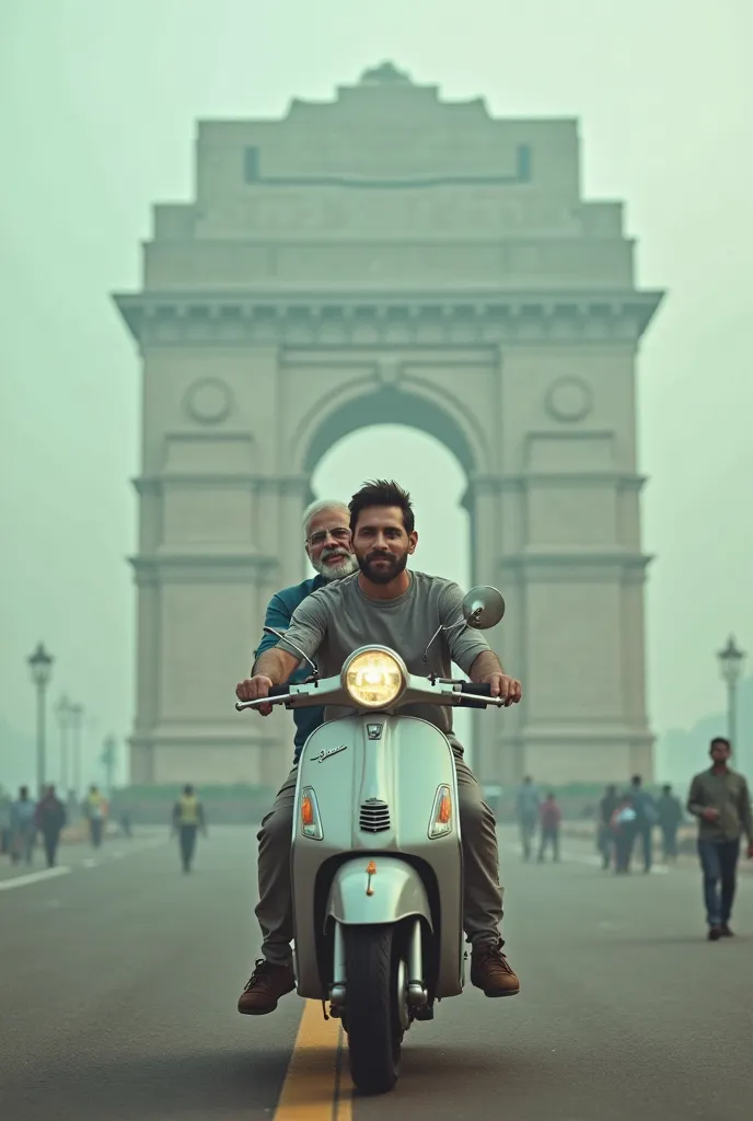 high quality, 8K Ultra HD, Messi and Narendra Modi, driving vespa, foggy weather, India gate
