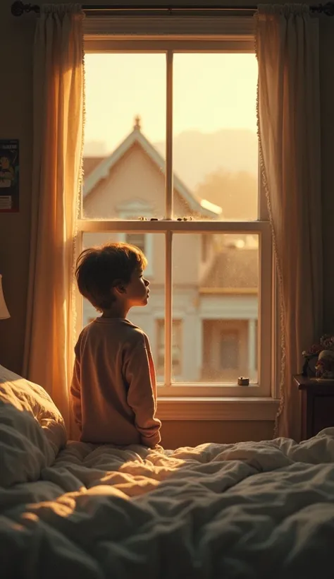 Boy waking up in 1980s of america with a window in the room that shows old houses outside