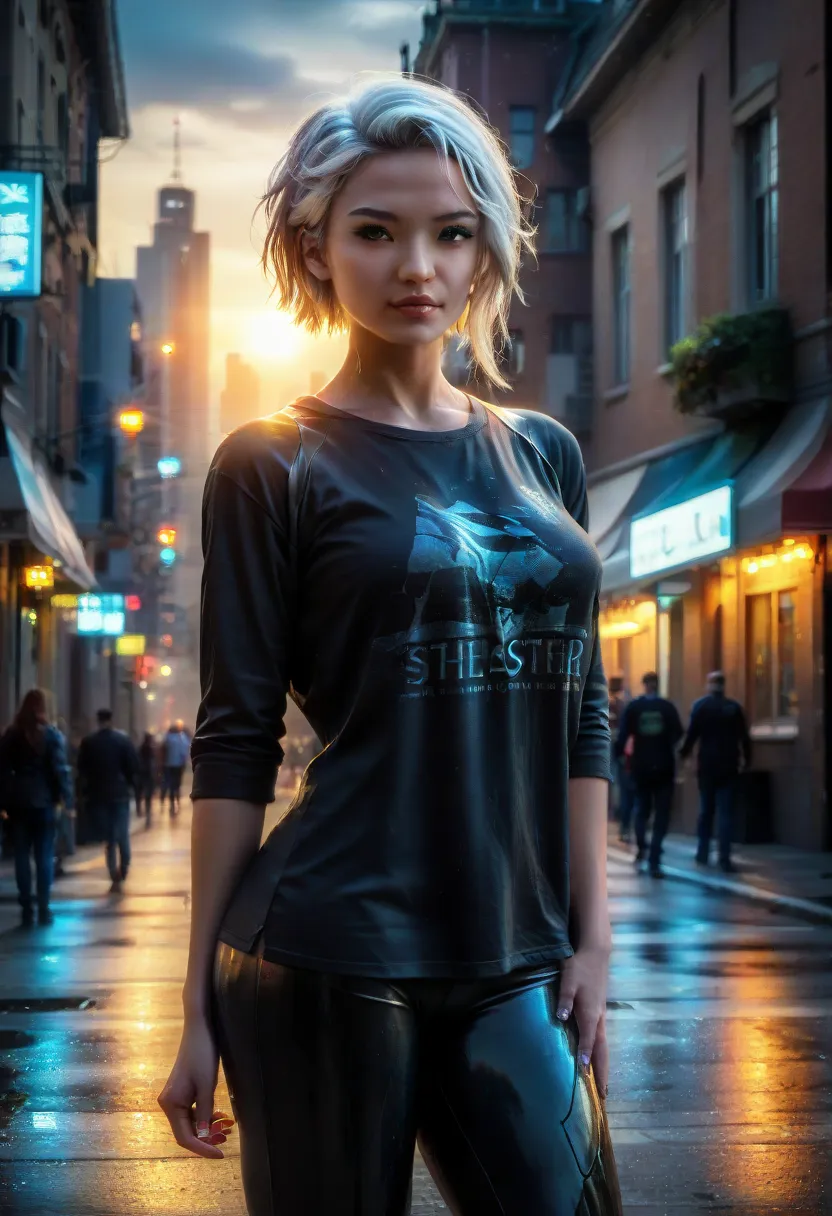 ((asian face)), (8k, best quality, masterpiece:1.2)best quality, 1girl, (skindentation), (dark night), blur background, outdoor, (street:0.6), (people, crowds:1), (oversize shirt:1.5), gorgeous, (white hair:1.5), (dynamic pose:0.8), finely detail, official...