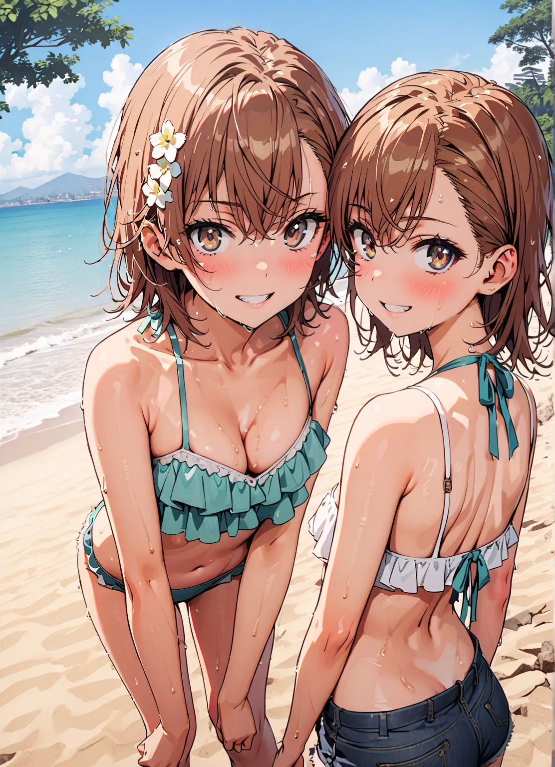 Mikoto and Misaka, Misaka Mikoto ,  short hair, brown hair, hair ornaments close to the garden, hair flower, brown eyes, brown skin,Ruffled bikini swimsuit,denim micro shorts,Bare legs,smile,blush, grin ,Bare legs,standing,wet skin,wet hair,Put your hands ...