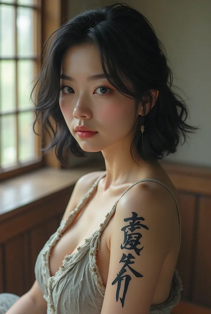 Make a realistic image of a Japanese woman with a tattoo written on her arm "𝙛𝙖𝙩" with the exact source that I wrote