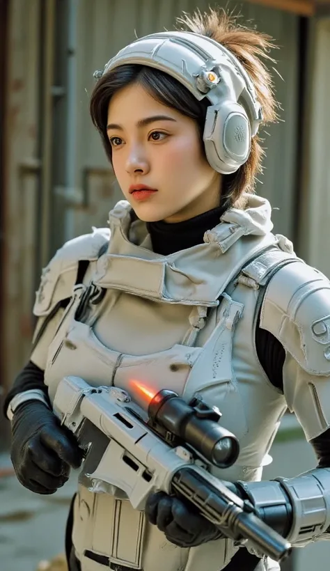 (( short bob cut hair  ))、 full body,   beautiful, Heavily armed,   And wearing heavy armor in a combat spaceship , BATTLE FORM   , Showing a strong face,    (((Firing a machine gun, One of her high powered weapons))) 、   Female Soldier with Asian Characte...