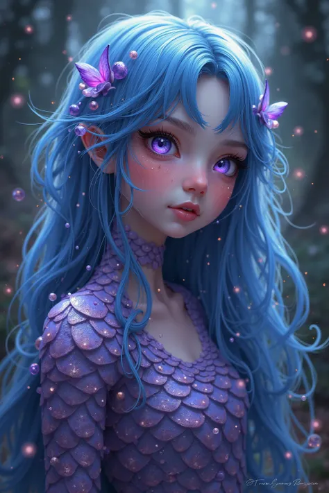 Ten  year old  girl with long blue hair and purple scales on her skin and violet eyes 

