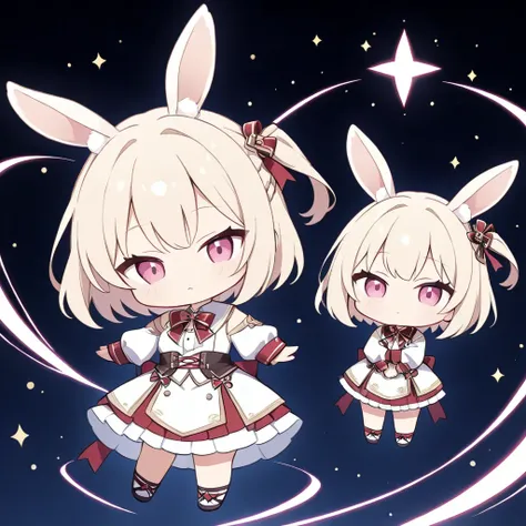 Chibi-Chara: 1.2, Light beige short bob, one side up partially braided hairstyle, one beautiful girl, thin face, narrow eyes, pink eyes, chibi-character, very sullen expression, dressed like a white rabbit: 1.2, This Japanese anime style chibi-character is...