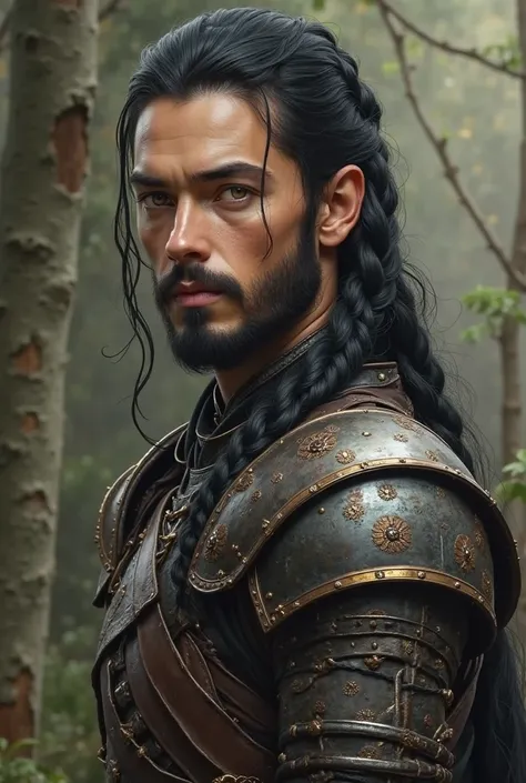 Semi-elf, very masculine, Young man with long black hair.
   with golden eyes
That his hair is tied up in a single braid behind his head and that you don't put a beard on him.
   armor that has shaved hair on both sides of her head   .
  That your skin is ...