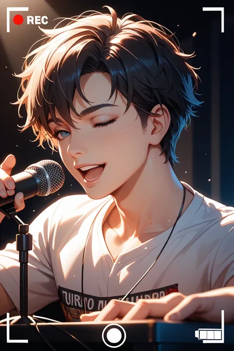 anime boy singing into a microphone 