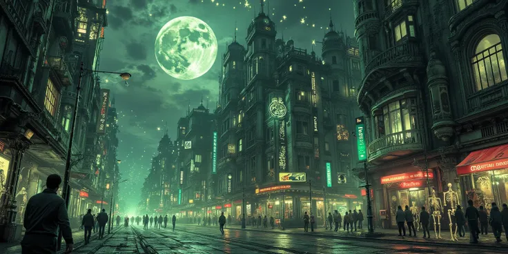 A futuristic gothic necropolis, all the buildings are ultra high technology, evil and undead motif on buildings and decorations, sexy pale green ghosts and bleached white skeletons roam the streets in an imitation of busy city life, moonlit night, evil sta...