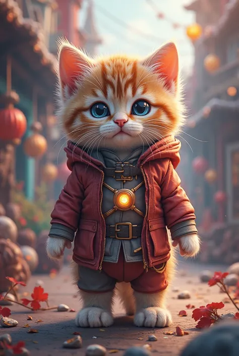 A cute and impressive kitten、Wear an impactful costume、An impactful background、upright、3d、Illustrated style