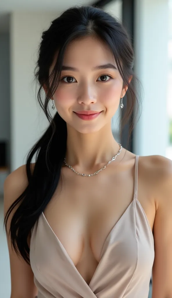 A strikingly beautiful and youthful AI woman, standing confidently in a modern office setting, bathed in soft morning light.

ใบหน้า (Face):
โครงหน้า: Oval face shape, perfectly symmetrical and refined features.
ผิว: Smooth, radiant, Asian yellow skin tone...