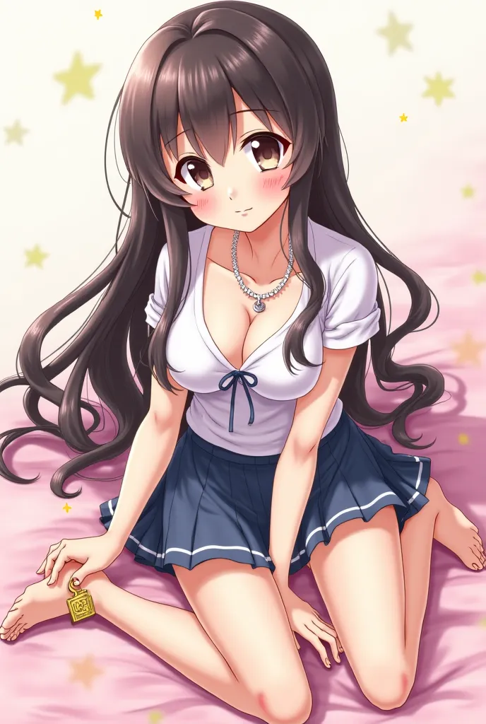 Cute, school girl, cleavage, anime girl, long hair, putting a Chastity cage on your small penis, she’s innocent and cute, , necklace with key ,About , showing cleavage and feet to lure you, holding chastity cage in hand.showing cleavage very clearly, aroun...