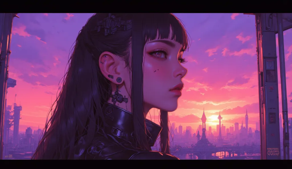 Best Quality　Ultra delicate　Japanese anime anime　 one pretty girl　　Strong shadows 　contrast after screen action 　サイバーpunk　punk 　Emotional　Sadness　sunset　twilight　Purple　Big boobs staring at the sunset　 popup