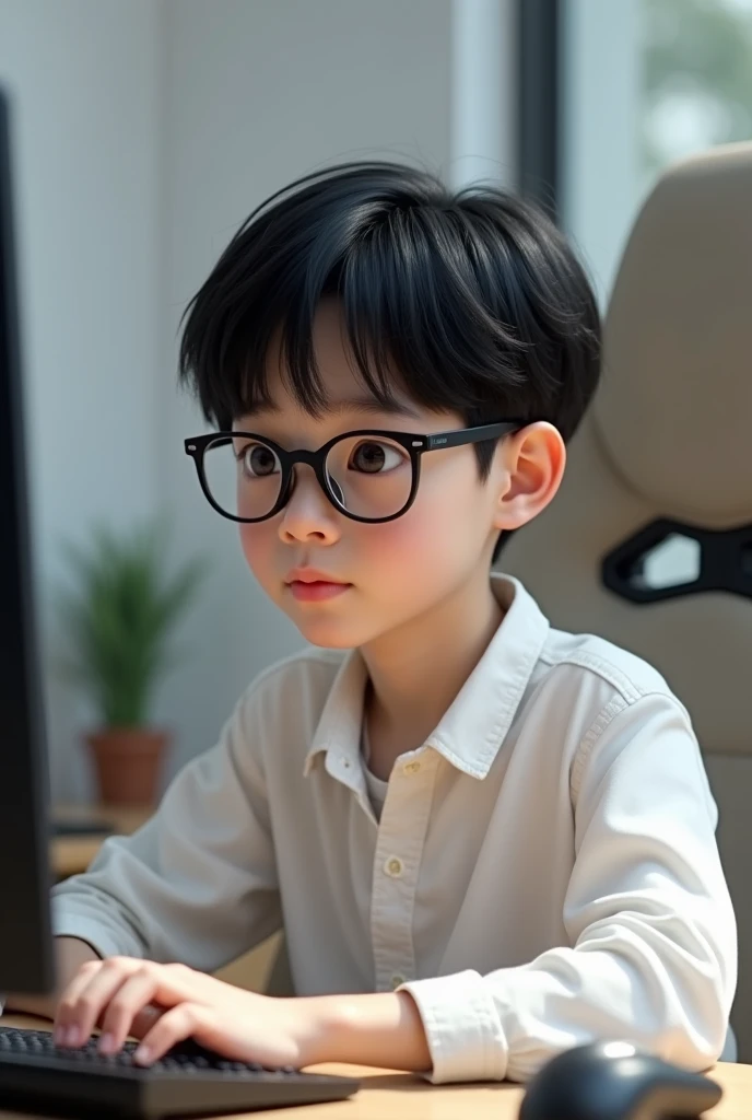 Boy 12 old white glasses and gaming chair or white shirt write ALIYT hair color black