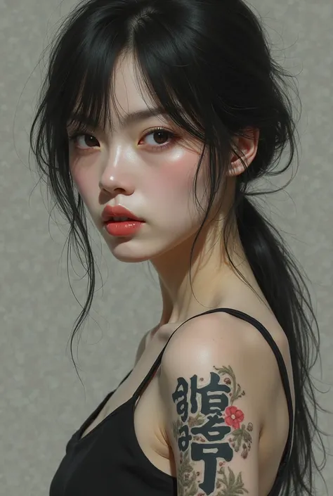 Make a realistic image of a Japanese woman with a tattoo written on her arm "𝙛𝙖𝙩" in English