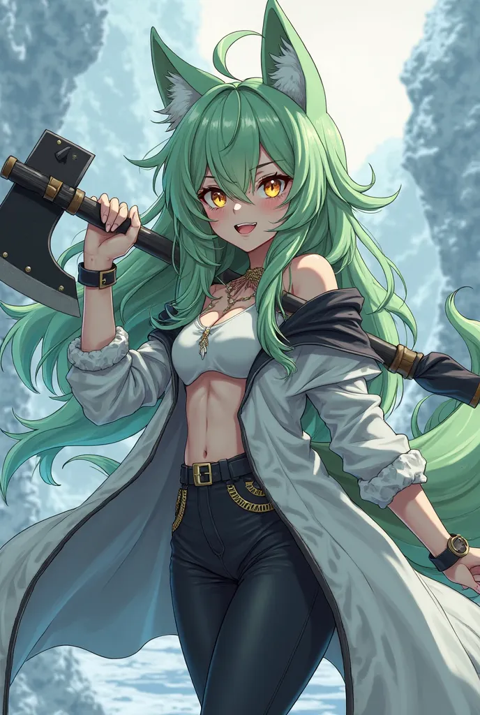 (maximum quality, boobs,  official art , beautiful and aesthetic :1.2) female anime, wolf girl, rebellious girl, long light green hair with fringe covering the right side of the face,  golden eyes, light green wolf ears, voluminous light green tail,  volum...