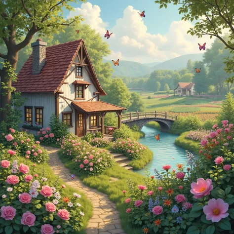 House, garden, butterflies, flowers, vegetable farm, river, bridge