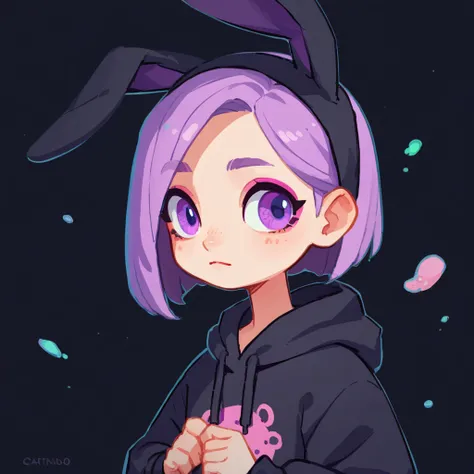 a portrait of a cute adult woman with long black sideswept hair, has purple eyes, wearing a with fake bunny on them, wearing makeup, pastels, wearing black hoodie with the hood up