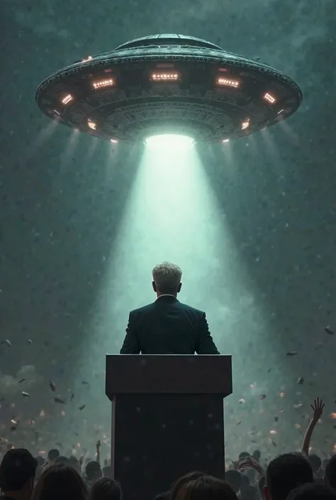  A politician at a podium looking nervous.  
- A UFO hovering in the background with a beam of light pointing at the politician.  