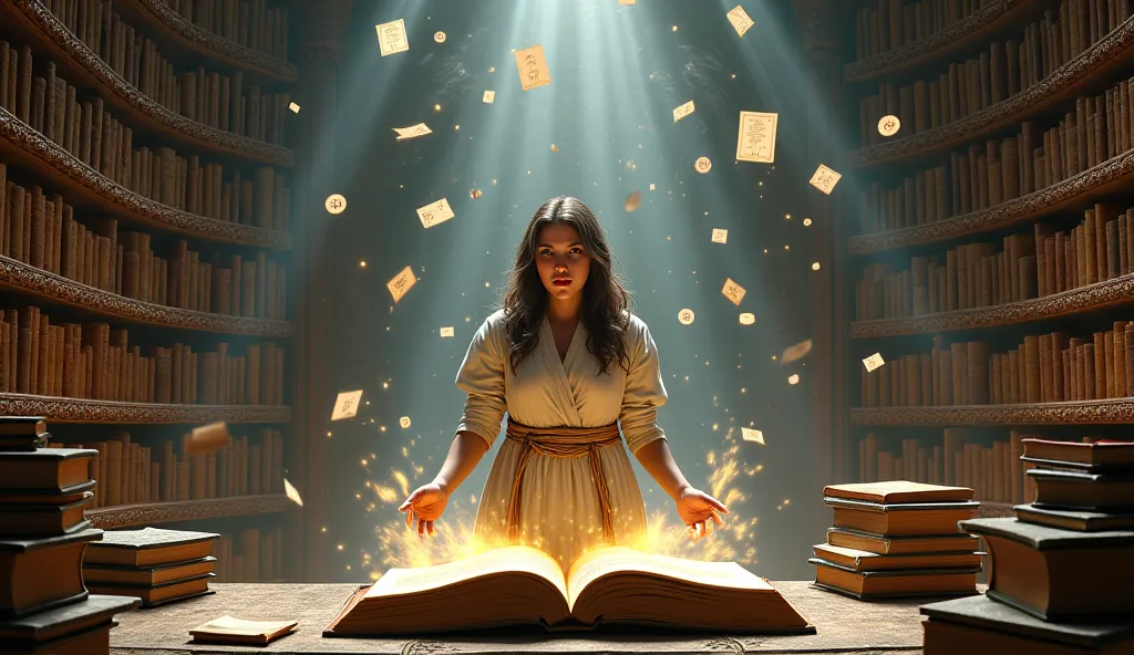 An ancient library with towering bookshelves, floating scrolls, and magical glyphs glowing on the walls. Eliana reads a prophecy from an open book, her eyes wide with revelation.