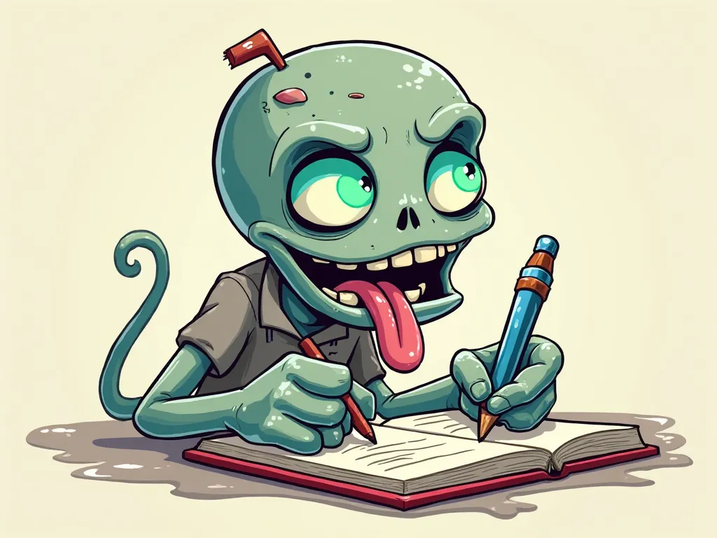 A cool 2D zombie with turquoise eyes, WRITING IN A NOTEBOOK; smiling and sticking out his tongue