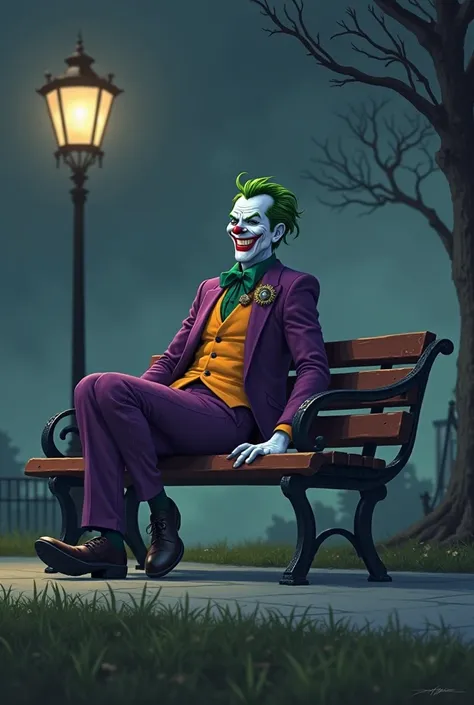 The Joker walks calmly on the bench as his laugh resounds .Animated is night