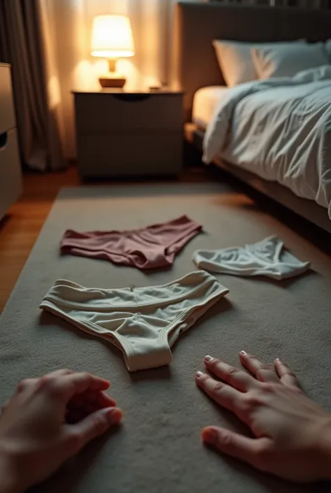 An ultra-realistic first-person (point of view) scene, showing a close-up of a bed in a modern, well-decorated bedroom. The wooden or soft carpeted floor has men's and women's underwear scattered naturally, creating a suggestive yet subtle atmosphere. The ...