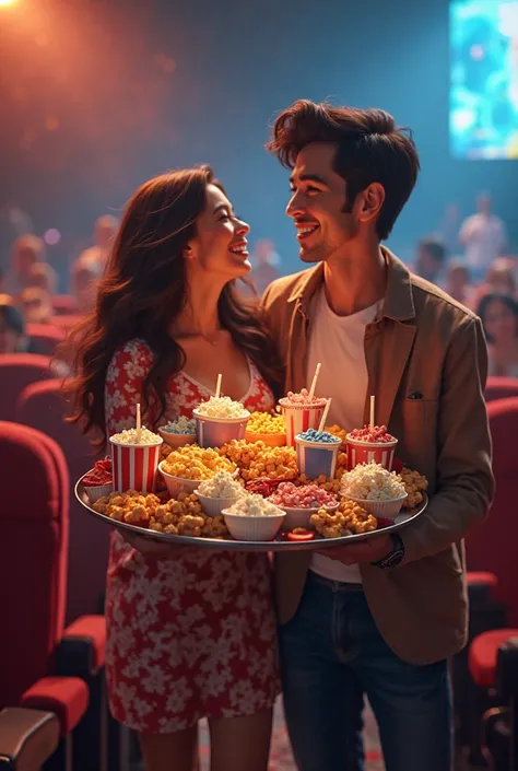 A couple at the movies where the boy is carrying a lot of food instead 