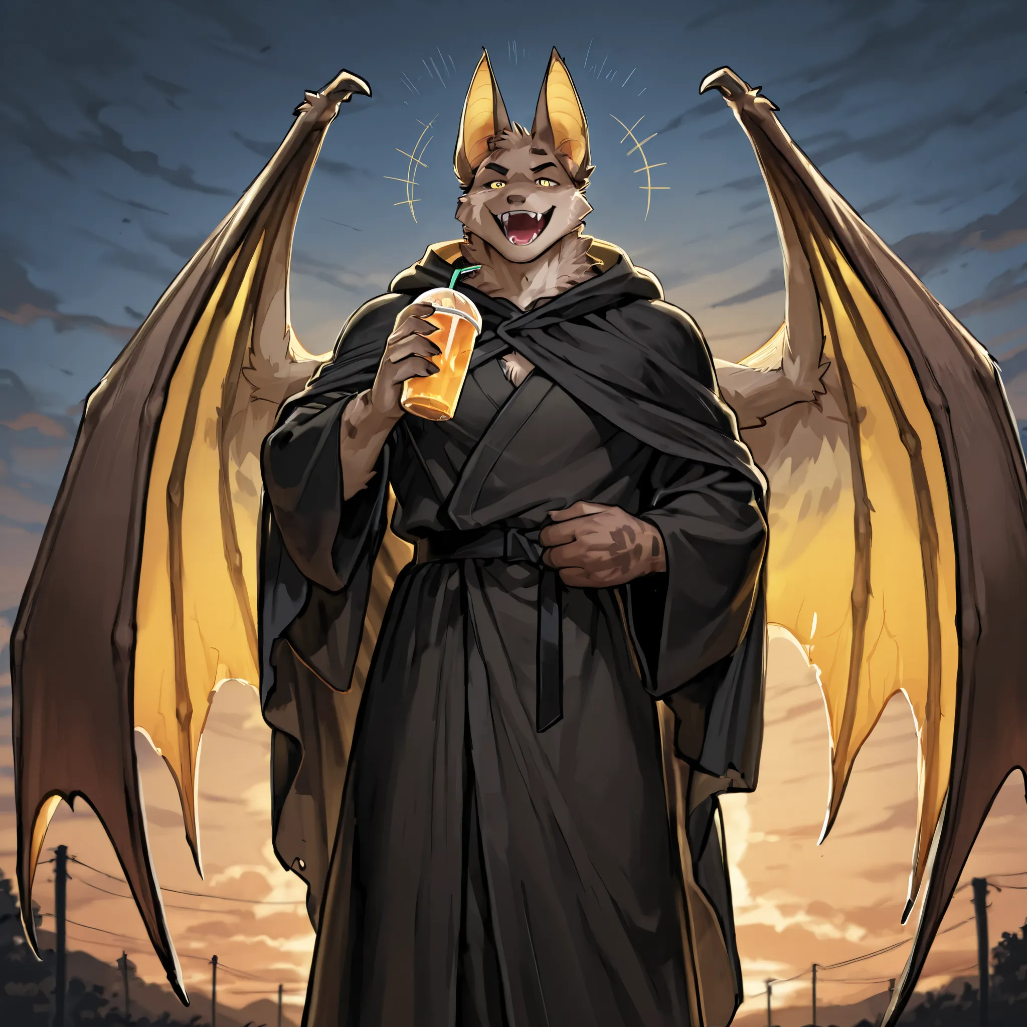 Furry bat, bat, man, masculine, laughing, outside, bat features, bat furry, man, yellow eyes, solo, gothic, drink, black, solo.

