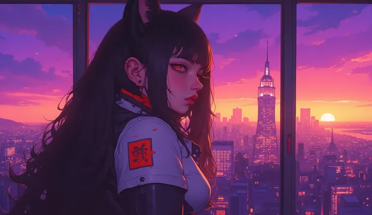 Best Quality　Ultra delicate　Japanese anime anime　 one pretty girl　　Strong shadows 　contrast after screen action 　サイバーpunk　punk 　Emotional　Sadness　sunset　twilight　Purple　Big boobs staring at the sunset　 popup