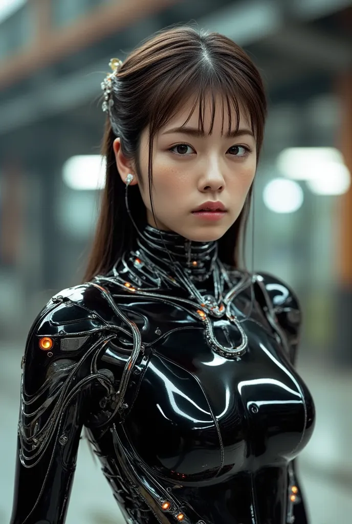 Android girl, Highest quality, masterpiece, ultra-high resolution, ((photo realistic: 1.4), raw photo, 1 cyberpunk girl, glossy skin, 1 mechanical girl, (super realistic details)), mechanical limbs, tubes connected to mechanical parts, mechanical vertebrae...