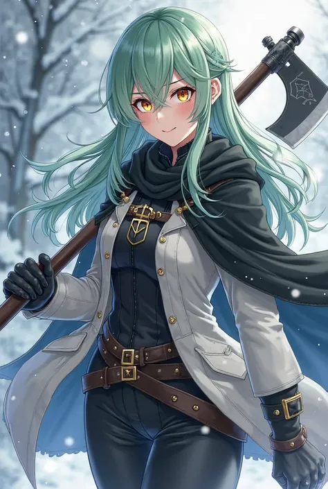 (maximum quality, boobs,  official art , beautiful and aesthetic :1.2) female anime, girl, girl rebelde,  long light green hair with bangs covering the right side of the face,  golden eyes, Viking white coat,  wearing a black cape , cold white clothing Vik...