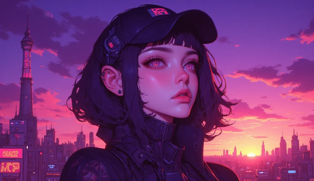 Best Quality　Ultra delicate　Japanese anime anime　 one pretty girl　　Strong shadows 　contrast after screen action 　サイバーpunk　punk 　Emotional　Sadness　sunset　twilight　Purple　Big boobs staring at the sunset　 popup