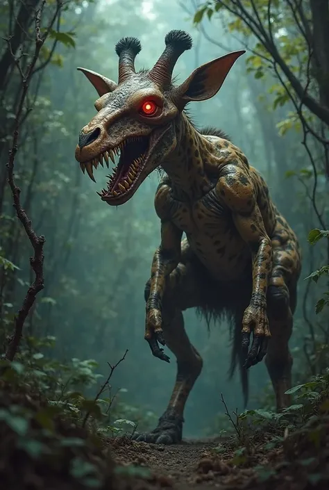 A terrifying hybrid creature roaming the dark jungle, fusing the towering presence of a giraffe with the brute strength of a kangaroo. Its face is a monstrous fusion — half elongated giraffe skull with glowing red eyes, jagged, oversized teeth, and cracked...