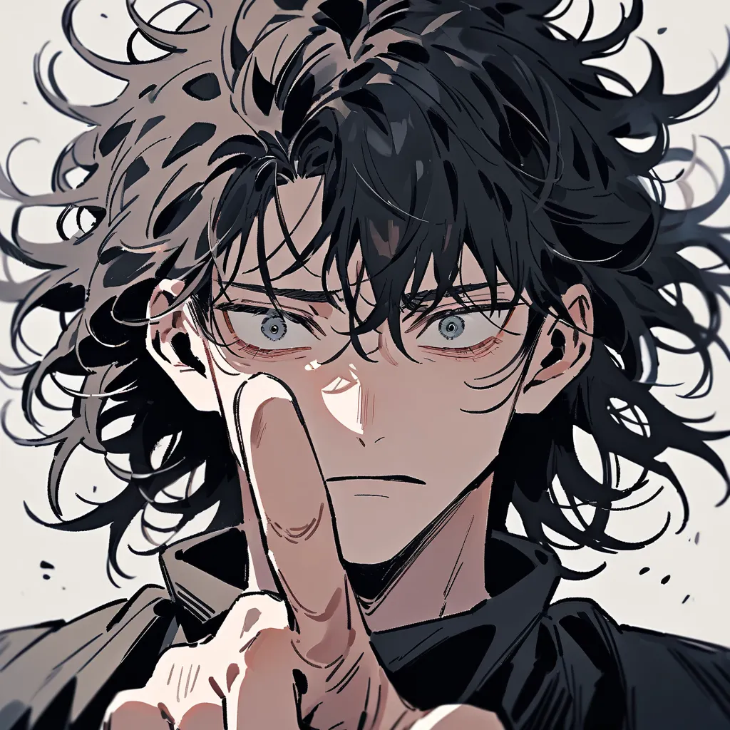 Guy looking at the camera, sad eyes, curly messy hair, portrait, pointing at camera, sad, depressing, in Jujutsu kaisen style, casual clothes, detailed