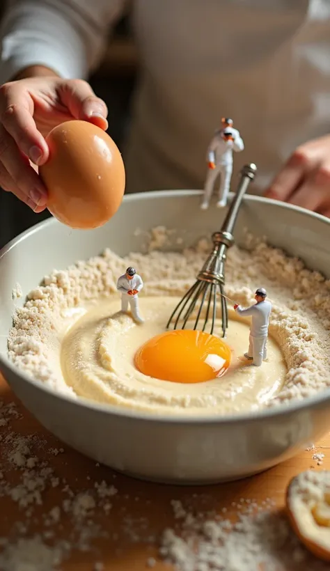 Create a realistic close-up scene of a giant bowl filled with a batter mixture, surrounded by three miniature workers in white uniforms. One worker is holding a large egg in his hand, preparing to crack it into the bowl. Another worker is using a small whi...