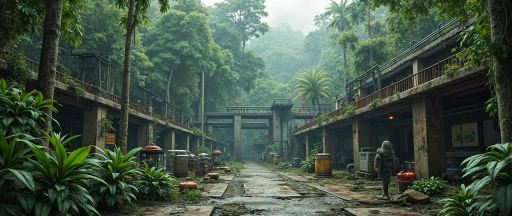 (photorealism:1.2), drug factory in the jungle, this is deep in the middle of the jungle