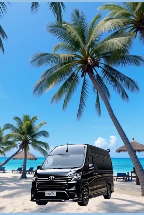 This picture is a picture of a beach with a large, tall coconut tree canopy providing shade. Bright blue sky and turquoise sea water complement the atmosphere for a refreshing and relaxing look. On the beach there are beach chairs and holiday gazebos cover...