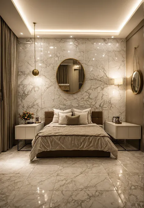 luxury master bedroom, CERAMIC TILING floor, marble wall, night time, warm lighting RAW Photo, RAW texture, Super Realistic, 32K UHD, DSLR, soft lighting, high quality, film rating, Fujifilm XT3 