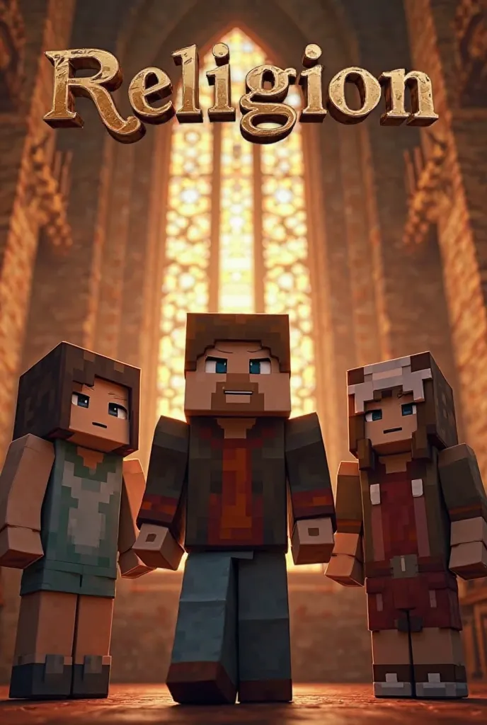 Cover for subjects with Minecraft characters in a church with a brown background, And that at the top it says religion with Minecraft letters 