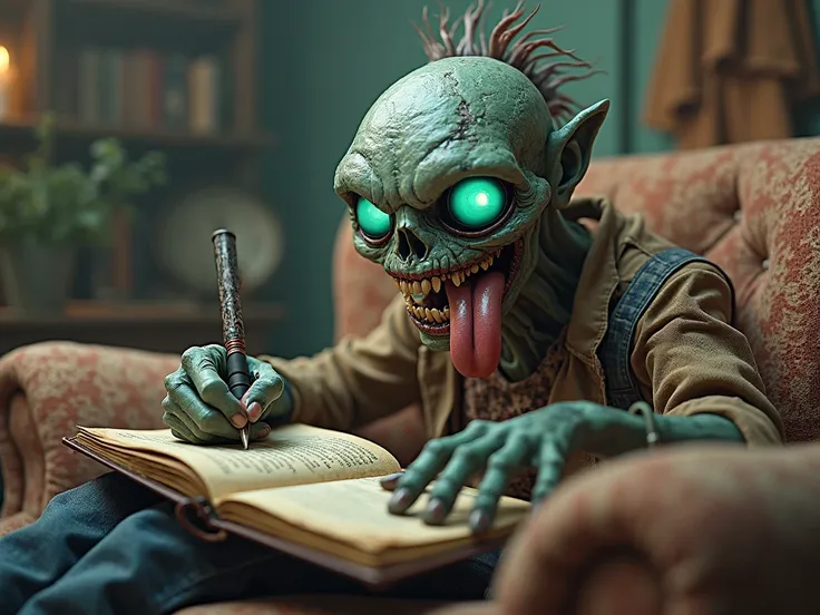 A cool zombie with turquoise eyes, WRITING IN A NOTEBOOK, sentado en un sofá; smiling and sticking out his tongue