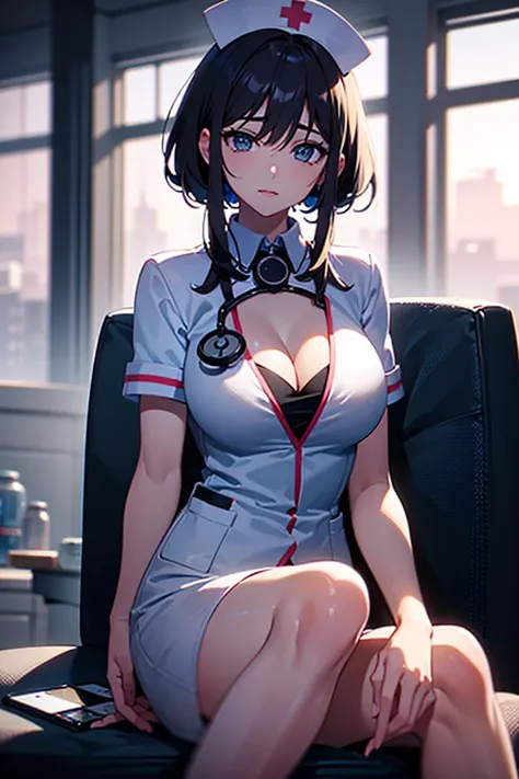 (masterpiece, best quality, ultra-detailed), anime-style, beautiful nurse, no nurse cap, tight white uniform, deep cleavage, stethoscope, **sitting, crossed legs, seductive expression**, soft lighting, hospital background  