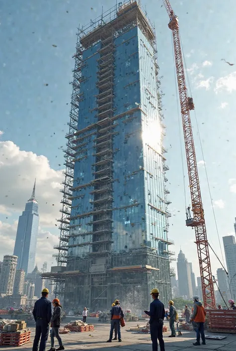 2.	Modern Skyscraper Under Construction
A futuristic skyscraper being built, with scaffolding surrounding the glass exterior. A team of engineers and construction workers are discussing blueprints, while a giant crane hoists materials to the upper floors. ...