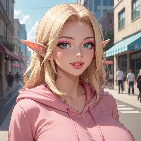  score_9,  score_8_up,  score_7_up, 1 girl, Alone, upper body, watching viewers, ç½ è² , Rich long blonde hair, Elf, makeup,  Open Lips, lipstick, eyeliner,  bimbo, Gal girl ,  huge breasts, Pink hooded hoodie ,  mint green eyes
、smile over here smile kiss...