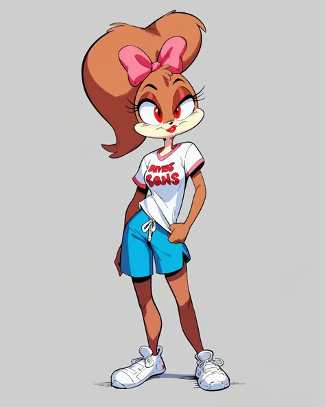 An animated style medium shot of Sam Packard, presumably female mobian hedgehog, with brown fur, red lipstick, and red eyes. She wears a light blue t-shirt with the word 'Cloud' written on it, blue shorts, and white sneakers. Her hair is styled in a ponyta...